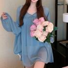Set: Long-sleeve Chiffon Top + Camisole Top Chiffon Top & Camisole Top - Airy Blue - One Size