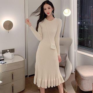 Ruffle Hem Midi A-line Rib Knit Dress