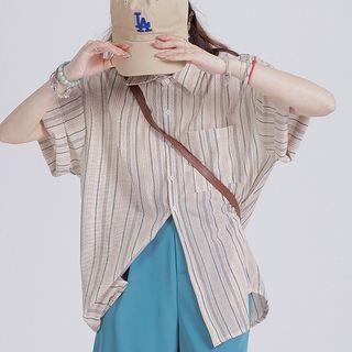 Short-sleeve Striped Pocket Detail Shirt Beige - One Size