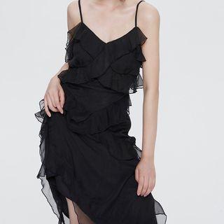 Spaghetti-strap Ruffle Asymmetrical Midi Dress