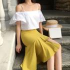 Plain Off Shoulder Short Sleeve Top / Ruffle Hem Midi Skirt