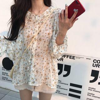 Floral Print Long-sleeve Chiffon Blouse As Shown In Figure - One Size