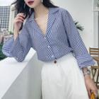 3/4-sleeve Pinstriped Shirt Blue - One Size