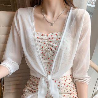 Elbow Sleeve Lace Trim Chiffon Cardigan