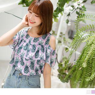 Cold Shoulder Pineapple Print Ruffled Top