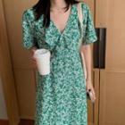 Short-sleeve Floral Print Tie-waist Midi A-line Dress Green - One Size