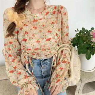 Floral Long-sleeve Top Almond - One Size