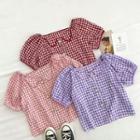 Color-block Plaid Square-neck Puff-sleeve Top