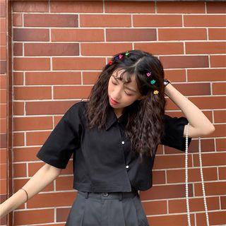 Plain Short-sleeve Cropped Shirt Black - One Size