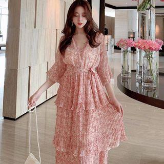 Elbow-sleeve Tiered Midi Chiffon Dress