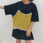 Set: Short-sleeve Plain T-shirt + Dotted Spaghetti Strap Top