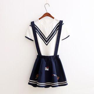 Contrast-stripe Embroidered Jumper Skirt