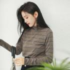 Striped Turtleneck Long-sleeve T-shirt Coffee - One Size