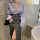 Long-sleeve Plain Button-up Shirt / Slit-front Midi Skirt