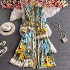 Print Long Sleeve Tie-waist Pleated Dress