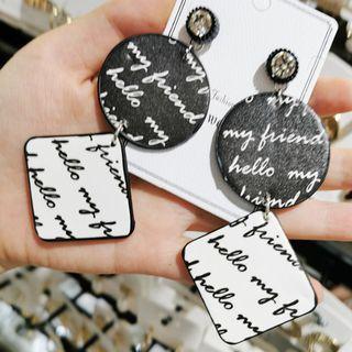 Rhinestone Lettering Faux Leather Dangle Earring 1 Pair - Black & White - One Size