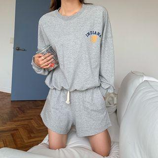 Set: Drop-shoulder Printed Pullover + Sweatshorts