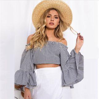 Off-shoulder Bell-sleeve Frill Long-sleeved Gingham Slim Blouse