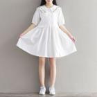 Flower Embroidered Collared Elbow Sleeve Dress
