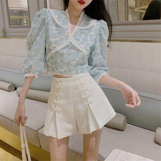 Elbow-sleeve Floral Print Blouse / Wide-leg Shorts