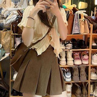 Set: Short-sleeve Ruffled Top + Pleated Mini A-line Skirt