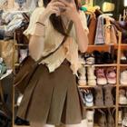 Set: Short-sleeve Ruffled Top + Pleated Mini A-line Skirt