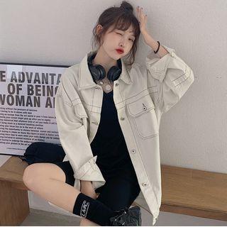 Contrast Stitching Denim Jacket White - One Size