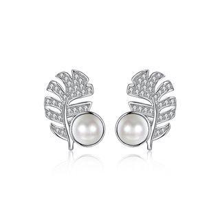 925 Sterling Silver Leaf Stud Earrings With Austrian Element Crystals And Fashion Pearls Silver - One Size