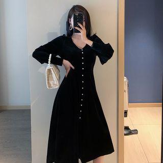 Faux Pearl Long-sleeve Midi A-line Dress