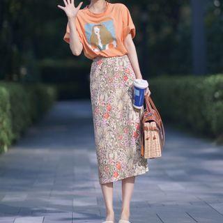 Short Sleeve Print T-shirt / Floral Print Pencil Skirt