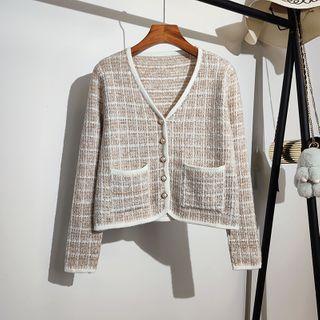 V-neck Cropped Long-sleeve Cardigan Almond - One Size