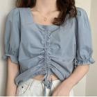 Short-sleeve Square Collar Ruched Front Crop Top