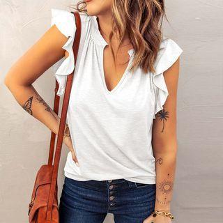 Notch Neck Ruffle Trim Tank Top