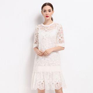Set: Elbow-sleeve Embroidered Dress + Slipdress