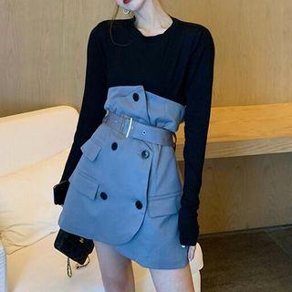 Plain T-shirt / Belted High-waist Mini A-line Skirt