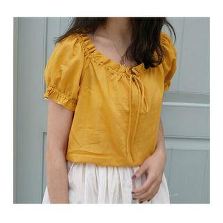 Lantern Sleeve Tied-rope Collar Top