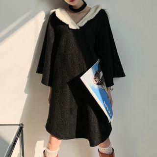 Wide-sleeve Fleece Panel Midi Dress