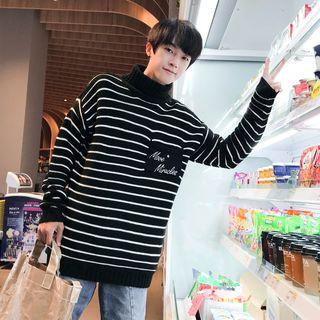 Lettering Pocket Striped Turtleneck Sweater