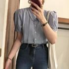 Plain Ruched Short Sleeve Shirt Blue - One Size