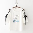 Elbow-sleeve Cold Shoulder Lace-up Cartoon Cat Print T-shirt