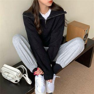 Half-zip Ribbed Plain Knit Top