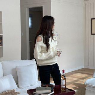 Cutaway-shoulder Ribbed Sweater