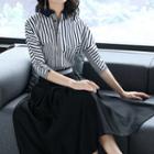 Set: Striped Long-sleeve Shirt + A-line Midi Skirt