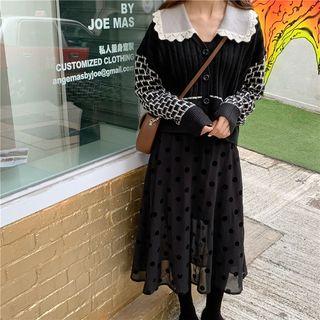 Lace Collar Cardigan / Dotted Midi A-line Skirt