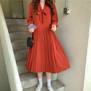 Bow Accent Long-sleeve A-line Pleated Dress