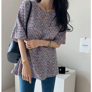 Elbow-sleeve Tweed Top One Size