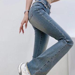 Mid Rise Tassel Trim Washed Bootcut Jeans