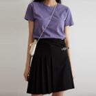 Round-neck Short-sleeve Plain Tee / Belted Pleated Skirt