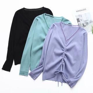 Plus Size Plain Long-sleeve Drawstring Knit Top