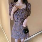 Short-sleeve Floral Print Shirred A-line Dress